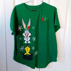 Bugs Bunny Elf tshirt Juniors XXL Green Christmas Pocket Vneck Looney Tunes‎